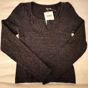 Hippie Rose Black Metallic Ribbed Long Sleeve Top M NWT
